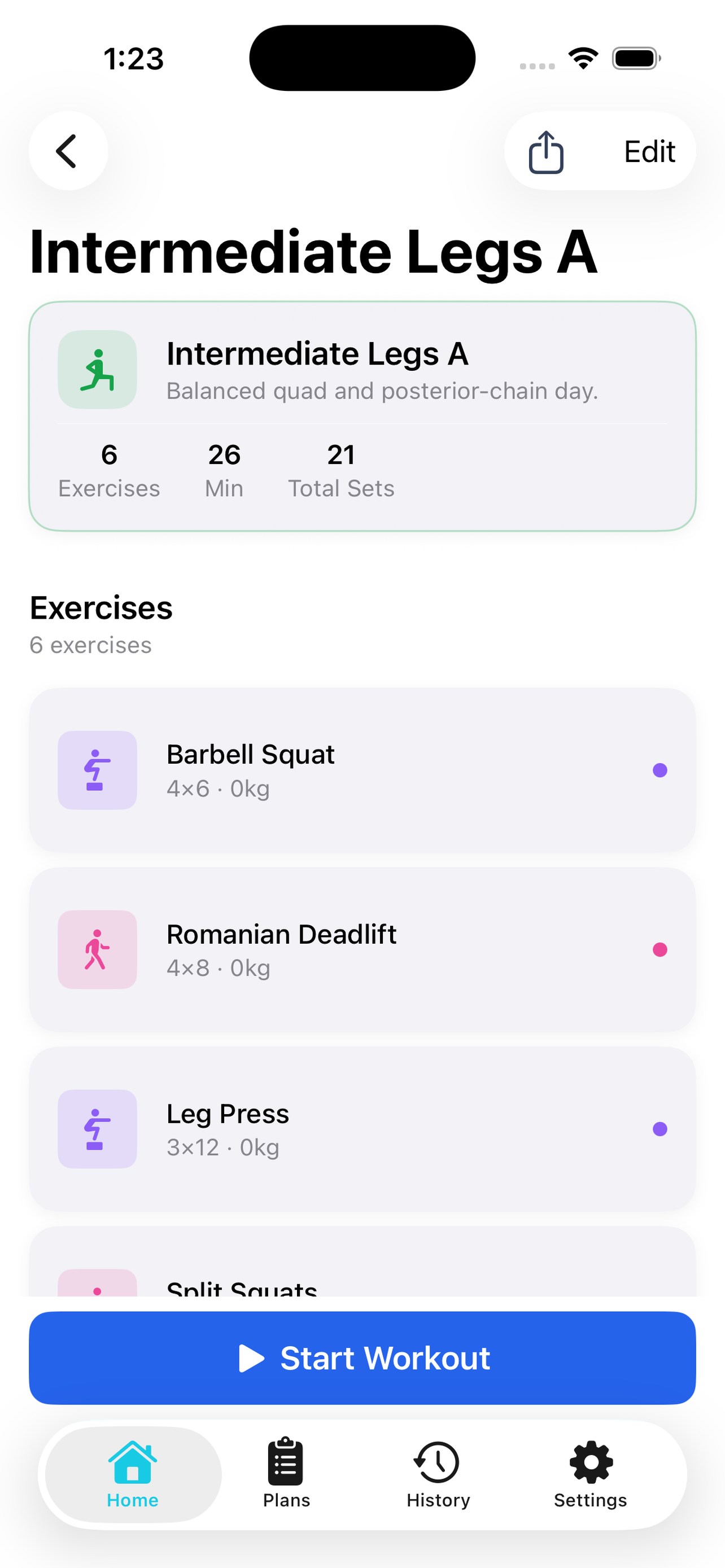 Workout plans screen