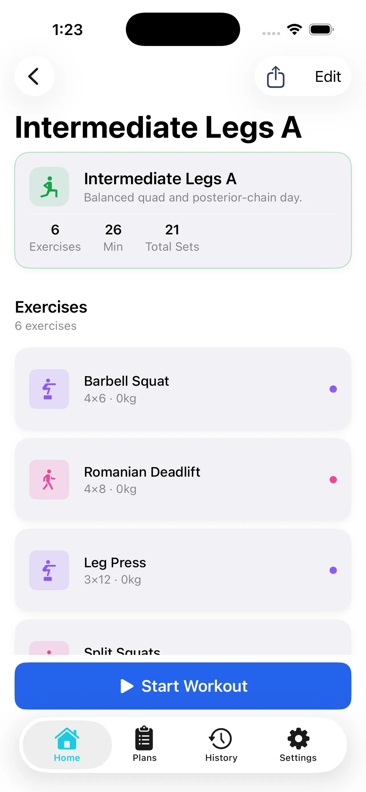 Workout plans screen