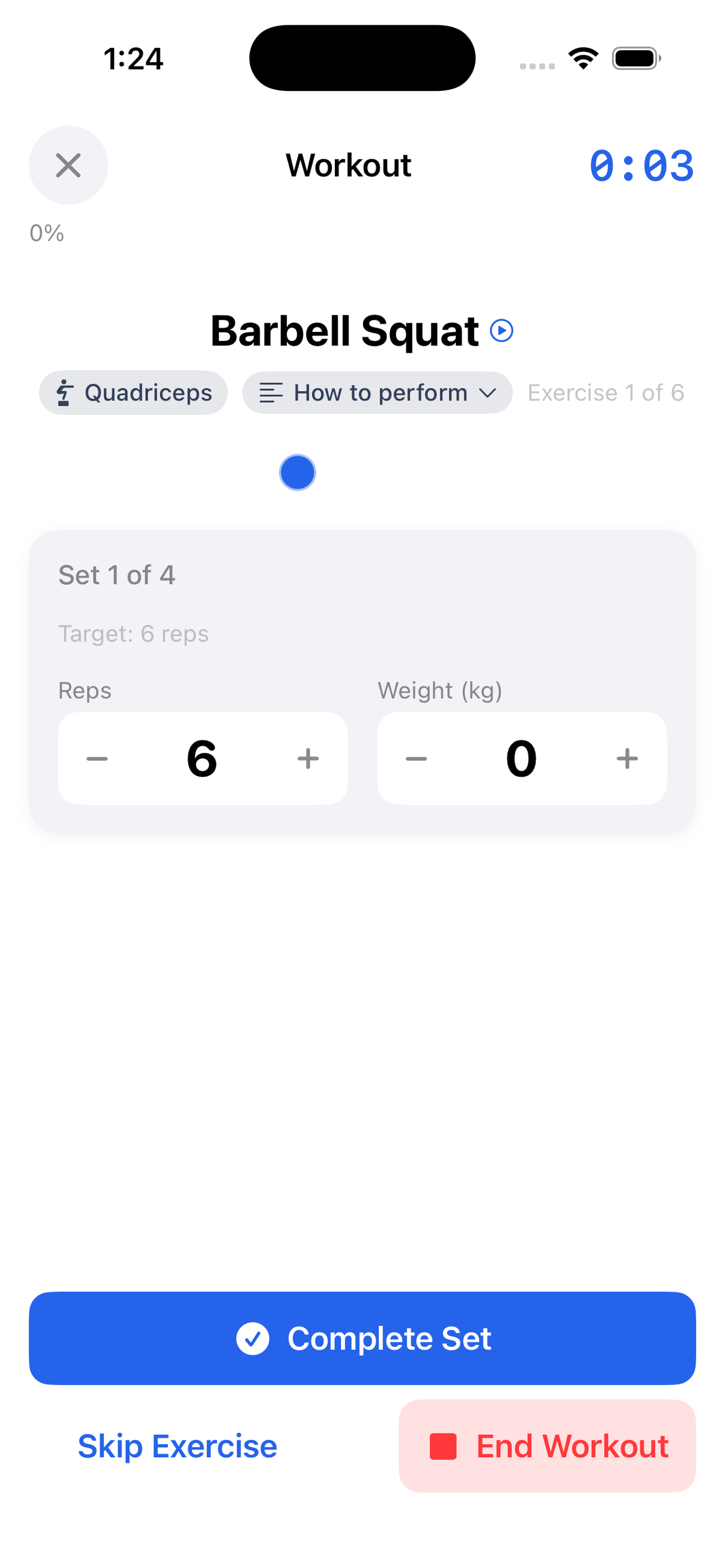 Active workout tracking screen
