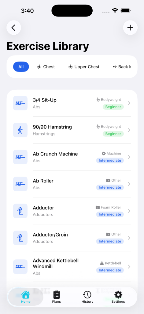 Exercise library screen