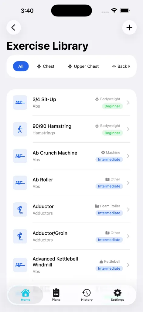 Exercise library screen