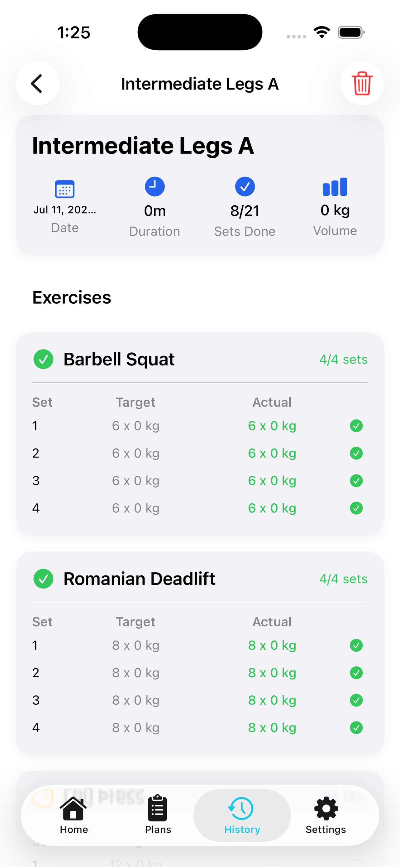 Workout history screen
