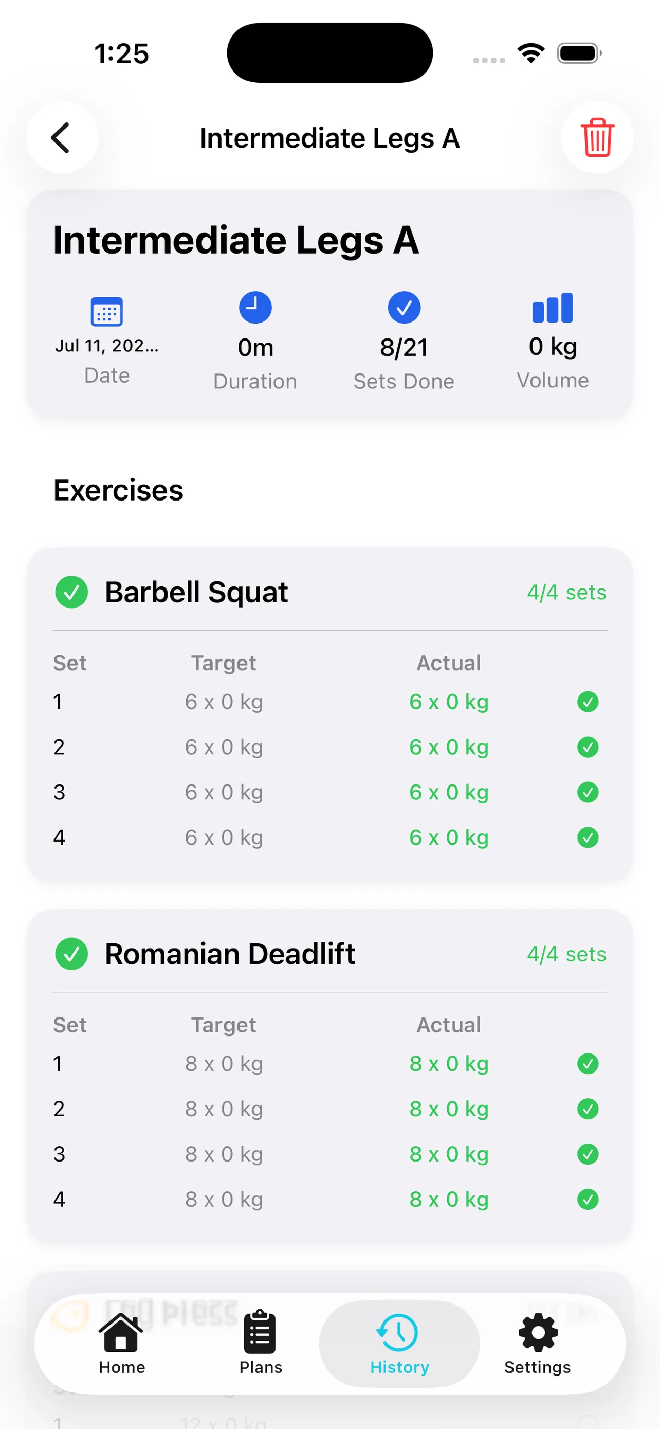 Workout history screen